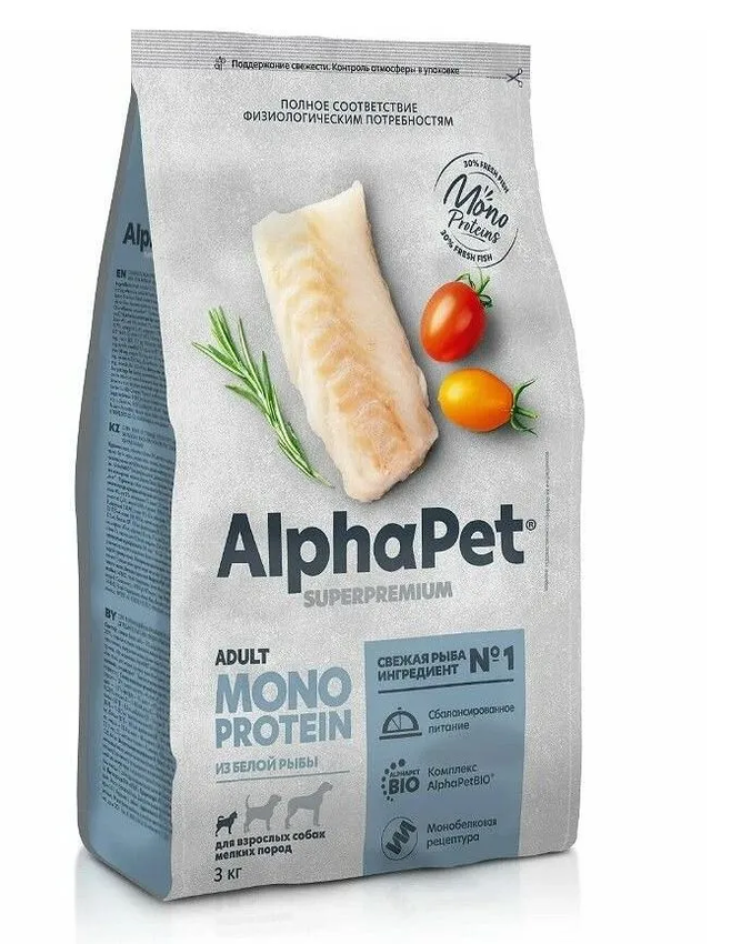 АльфаПет MONOPROTEIN д/собак мелких пород из белой рыбы, 3кг