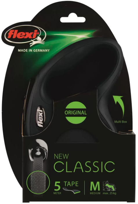 Flexi Поводок-рулетка лента New Classic M, 5м до 25кг, черная