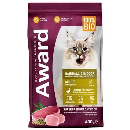 Сухой корм AWARD Hairball & Indoor для взрослых кошек с уткой и индейкой 400г