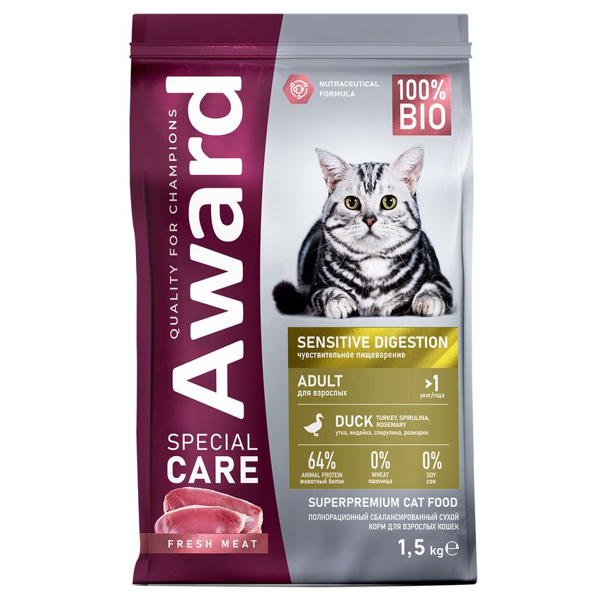 Сухой корм AWARD SPECIAL CARE Sensitive для взр. кошек со свежим мясом утки 1,5кг