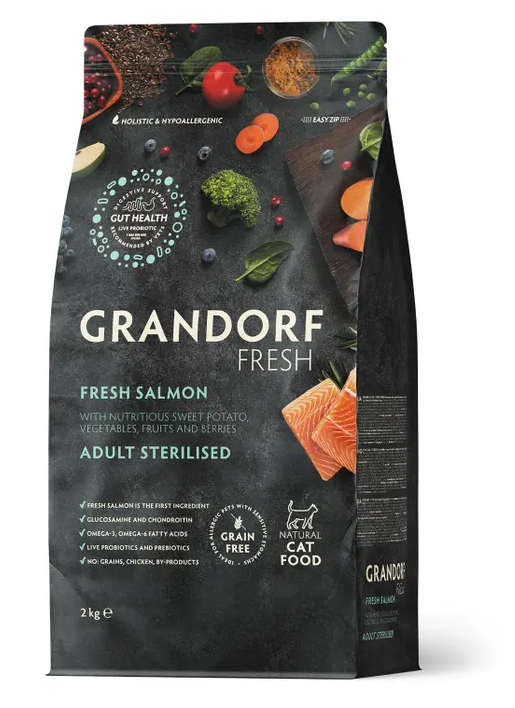 GRANDORF Fresh Cat STERILISED Свежее филе лосося с бататом для стерилизованных кошек 2 кг