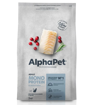 АльфаПет MONOPROTEIN д/кошек из белой рыбы, 3кг