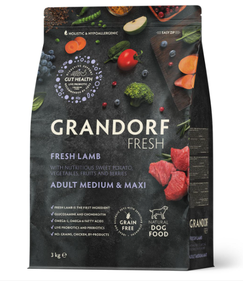 GRANDORF Fresh Dog Adult Свежее мясо ягненка с бататом для собак средних пород 3 кг