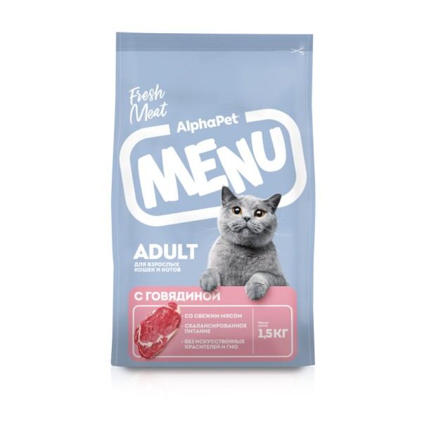 АльфаПет Menu сухой корм для взрослых кошек и котов с говядиной, 1,5кг