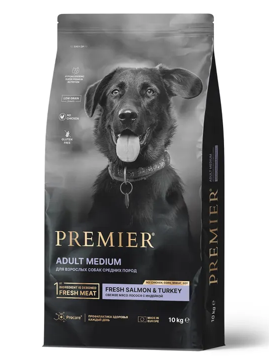 Premier Dog ADULT Medium Свежее филе лосося с индейкой для собак средних пород 10 кг