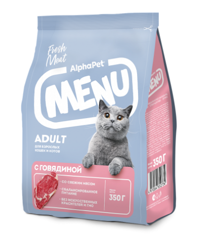 АльфаПет Menu сухой корм для взрослых кошек и котов с говядиной, 0,35кг