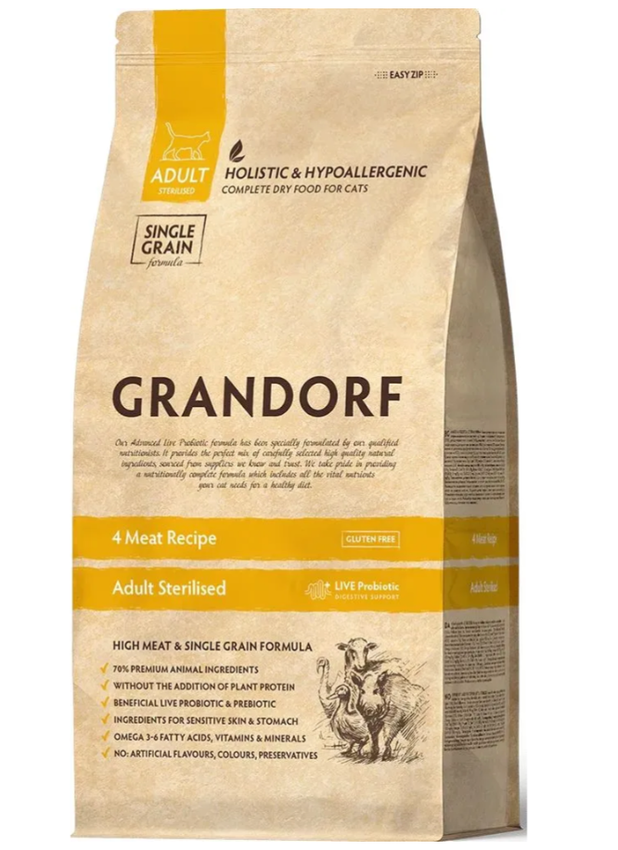 GRANDORF CAT STERILISED 4 мяса с пробиотиками для стерилизованных кошек 2 кг.