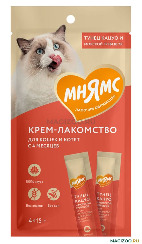 Крем-лакомство Мнямс для кошек с тунцом Кацуо и морским гребешком 15 г х 4 шт.