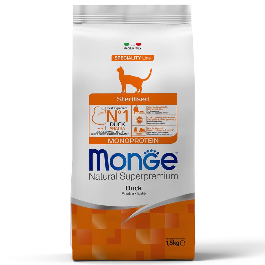Сухой корм Monge Cat Speciality Line Monoprotein Sterilised для стерилизованных кошек, утка 1,5 кг