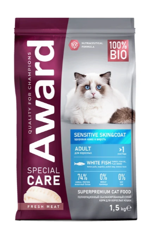 AWARD SPECIAL CARE Sensitive Skin&Coat для взрослых кошек со свежей белой рыбой 1,5кг