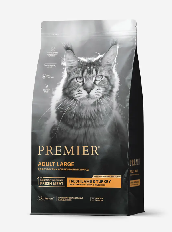 Premier Cat ADULT LARGE Свежее мясо ягненка с индейкой для кошек крупных пород 2 кг