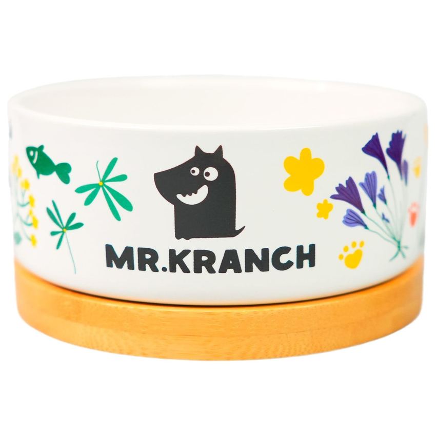 Миска Mr.Kranch Bamboo 340 мл Цветы Прованса керамическая на бамбуковой подставке васильковая