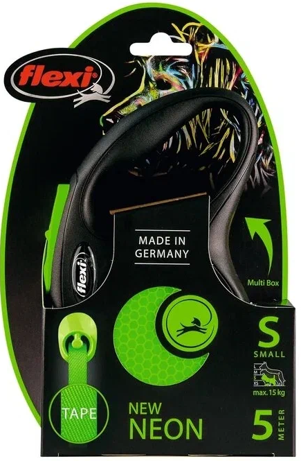 Flexi Поводок-рулетка лента New Neon S, 5м до 15кг, зеленая