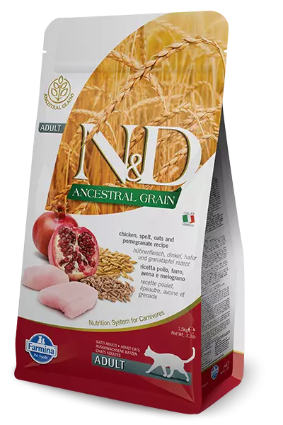 Фармина N&D Cat AG низкозерновой курица, спельта, овес и гранат для взрослых кошек, 1,5кг