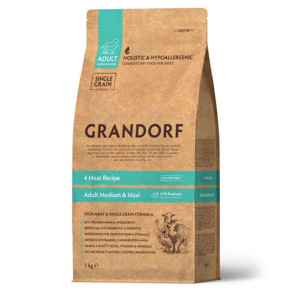 GRANDORF DOG MED&MAXI 4 мяса с пробиотиками для собак средних и крупных пород 1 кг