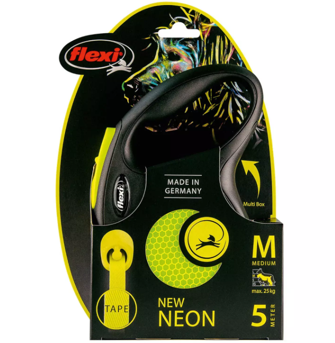 Flexi Поводок-рулетка лента New Neon M, 5м до 25кг, желтая
