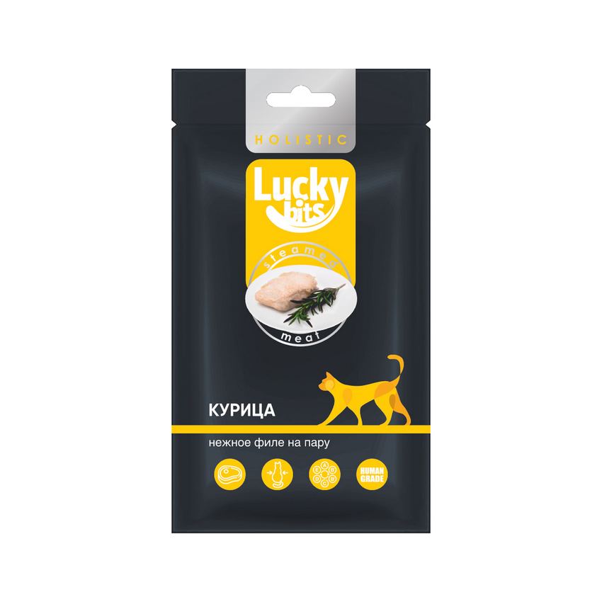Лакомство для кошек Lucky bits нежное филе курицы, приготовленное на пару, 25 гр.