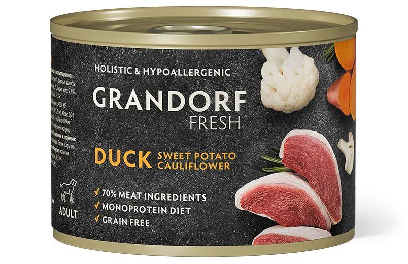 Консервы для собак GRANDORF FRESH Паштет из утки с бататом и цветной капустой 200 г