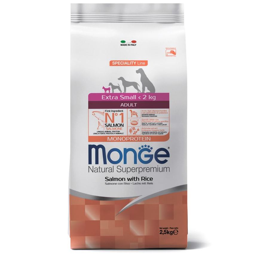 Сухой корм Monge Dog Speciality Line Monoprotein Extra Small для взрослых собак, лосось и рис 2,5 кг