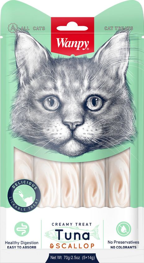 Wanpy Cat Лакомство для кошек «нежное пюре» из тунца и гребешка 70 г