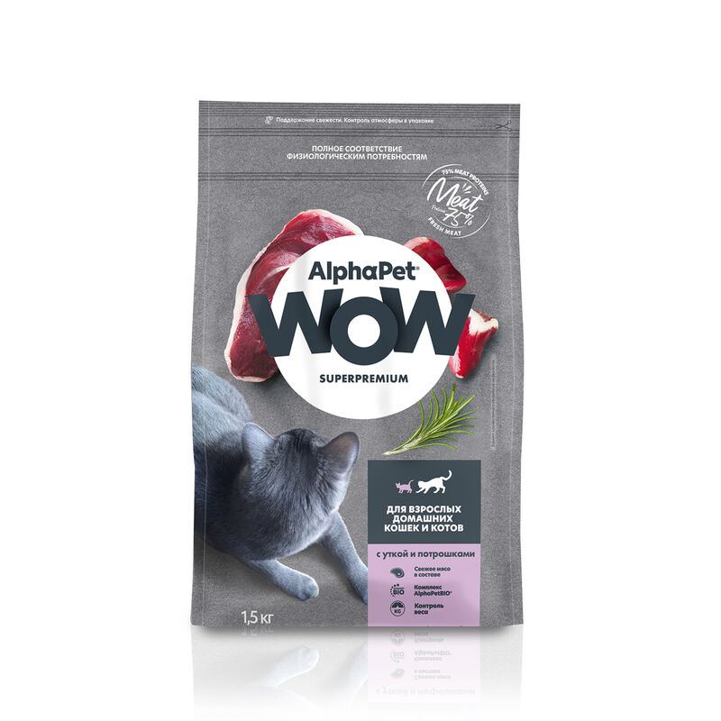 АльфаПет WOW сухой корм д/кошек (с уткой и потрошками), 1,5кг