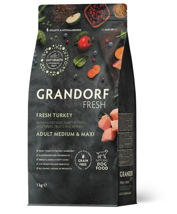 GRANDORF Fresh Dog Adult Свежее мясо индейки с бататом для собак ср. и крупн. пород 1 кг