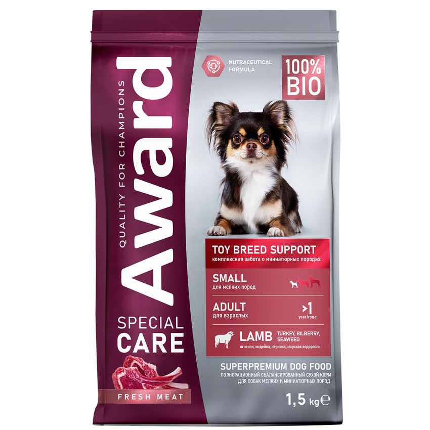 AWARD SPECIAL CARE Toy Breed Support для взрослых собак со свежим мясом ягненка 1,5кг