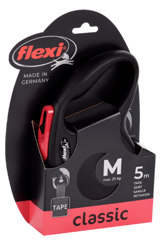 Flexi Поводок-рулетка лента New Classic M, 5м до 25кг, black fire (черно-красная)