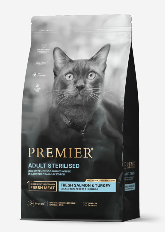 Premier Cat Salmon&Turkey STERILISED (Свежее филе лосося с индейкой для кошек) 400 г