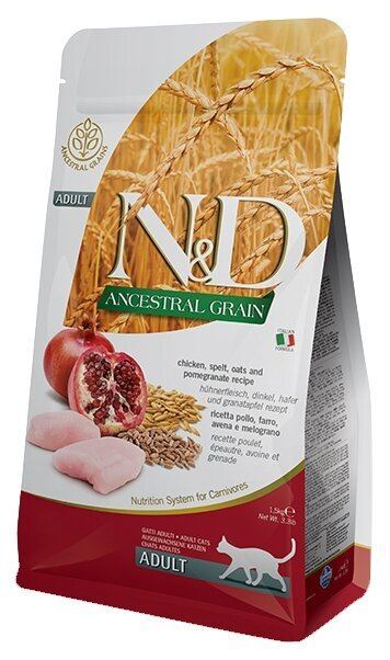 Фармина N&D Cat AG низкозерновой курица, спельта, овес и гранат для взрослых кошек, 0,3кг