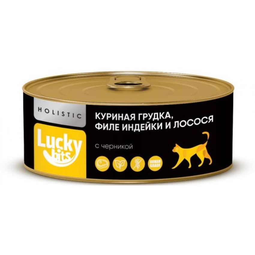 Консервы для кошек Lucky bits куриная грудка, филе индейки и лосося с черникой, 100 г