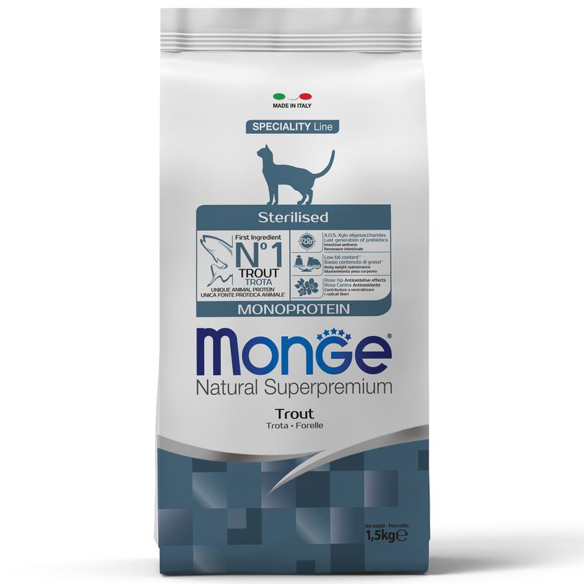 Сухой корм MongeCat Speciality Line Monoprotein Sterilised для стерилизованных кошек, форель 1,5кг