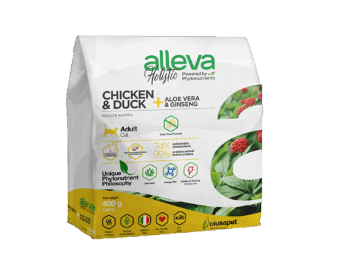 АЛЛЕВА ХОЛИСТИК корм для взрослых кошек  с курицей и уткой, алое вера и женьшенем 0,4 кг