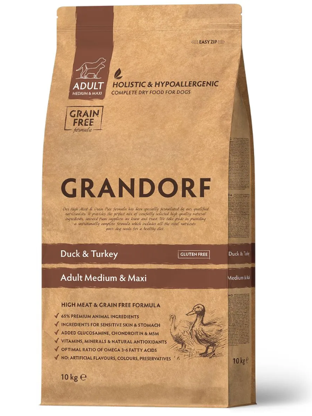 GRANDORF DOG MED&MAXI утка с индейкой для собак средних и крупных пород 10 кг.