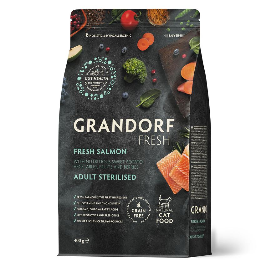GRANDORF Fresh Cat STERILISED Свежее филе лосося с бататом для стерилизованных кошек 400 г