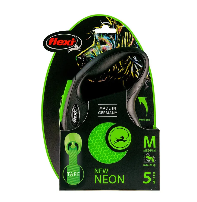 Flexi Поводок-рулетка лента New Neon M, 5м до 25кг, зеленая