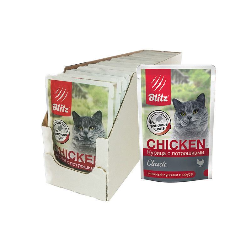 БЛИЦ Classic Пауч для кошек Курица с потрошками, кусочки в соусе, 85г