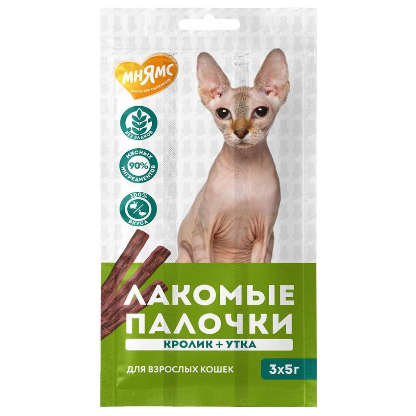 Лакомство Мнямс лакомые палочки для кошек с уткой и кроликом 3х5 г