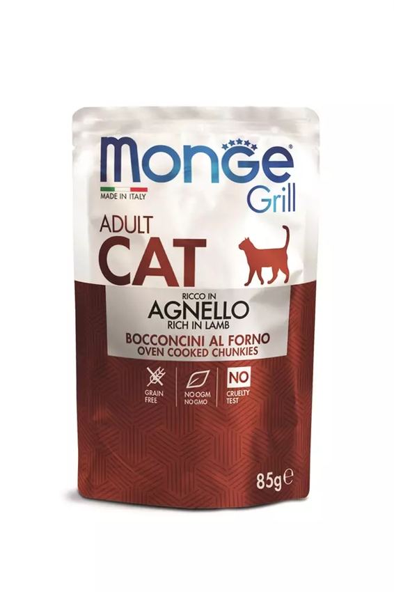 Влажный корм Monge Cat Grill для взрослых кошек, из новозеландского ягненка, паучи 85 г