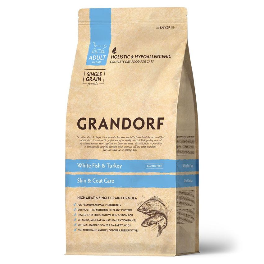 GRANDORF CAT SKIN&CARE Белая рыба с индейкой - забота о коже и шерсти для кошек 400 гр