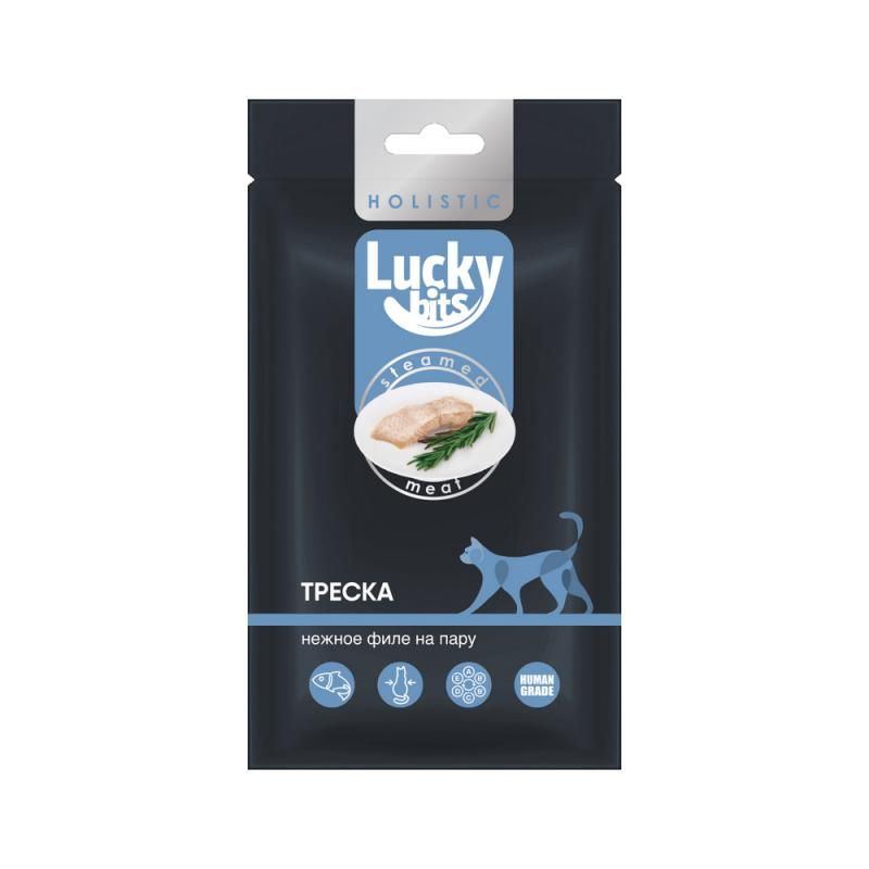 Лакомство для кошек Lucky bits нежное филе треска, приготовленное на пару, 25 гр.