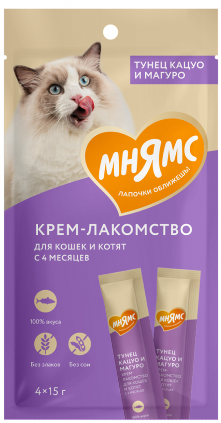 Крем-лакомство Мнямс для кошек с тунцом Кацуо и Магуро 15 г х 4 шт.