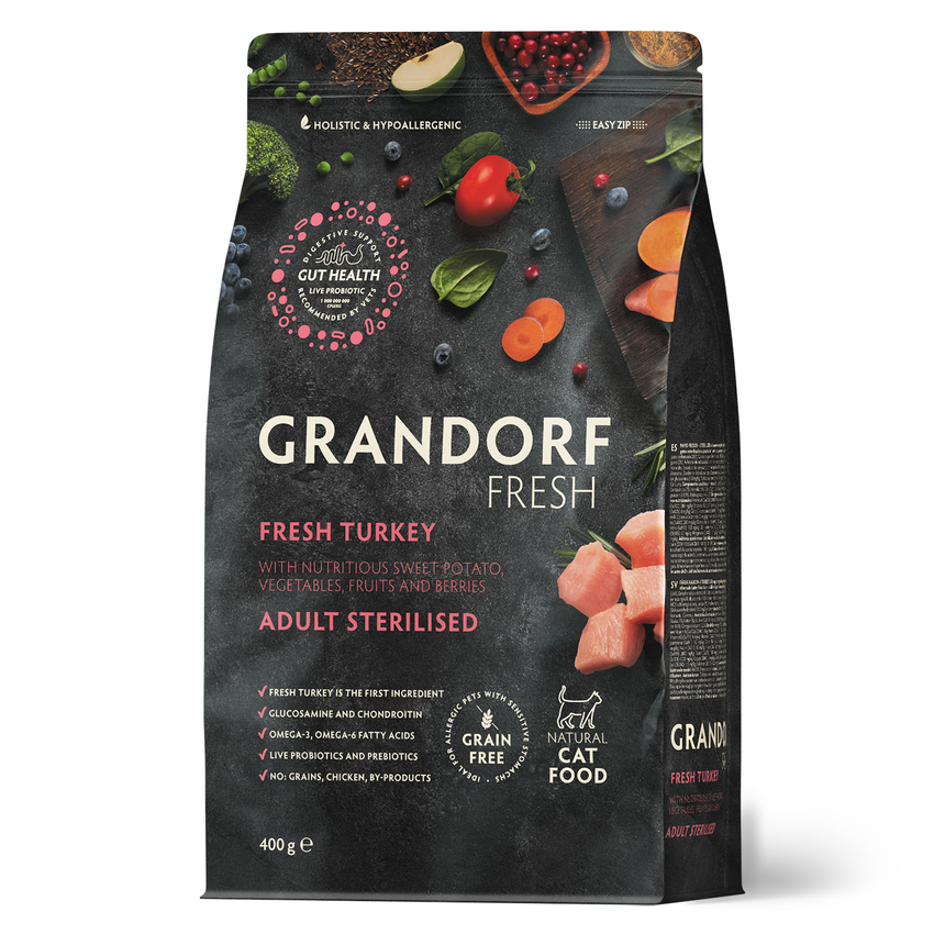 GRANDORF Fresh Cat STERILISED Свежее мясо индейки с бататом для стерилизованных кошек 400 г