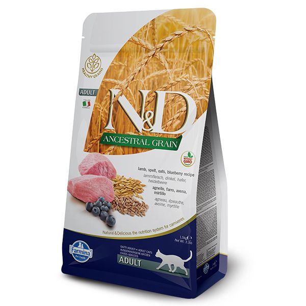 Фармина N&D Cat AG низкозерновой ягненок, спельта, овес и черника для взрослых кошек, 1.5кг