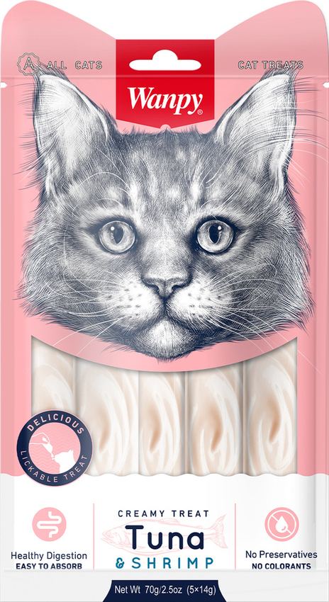Wanpy Cat Лакомство для кошек «нежное пюре» из тунца и креветок 70 г