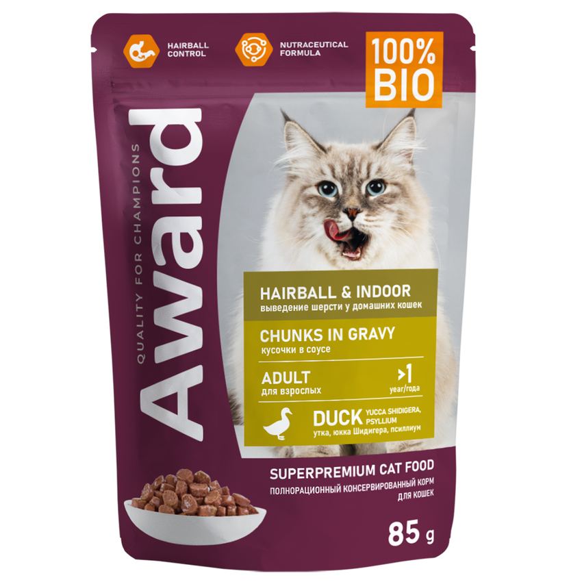 Влажный корм AWARD Hairball&Indoor для выведения шерсти у взр. кошек с уткой 85г