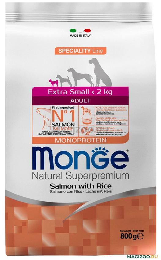 Сухой корм Monge Dog Speciality Line Monoprotein Extra Small для взрослых собак, лосось и рис 800 г