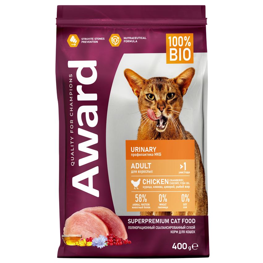 AWARD Urinary для взр. кошек для профилактики мочекаменной болезни с курицей 400г